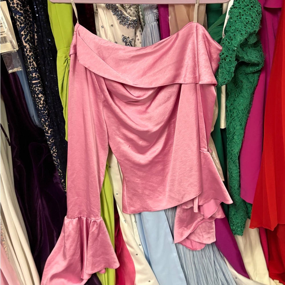 Pink Off-Shoulder Blouse with Flared Sleeves